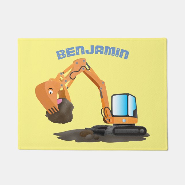 Cute orange excavator digger cartoon doormat (Front)