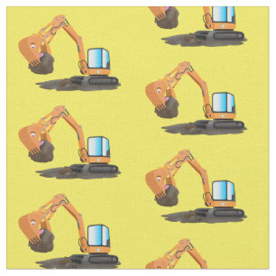 Cute orange excavator digger cartoon fabric