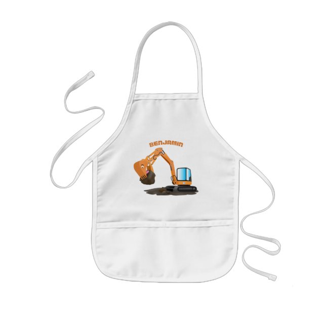 Cute orange excavator digger cartoon kids apron (Front)