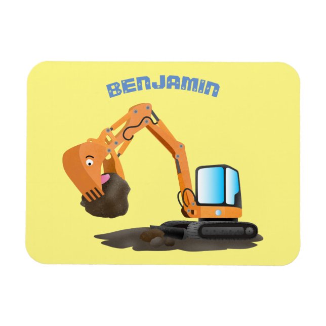 Cute orange excavator digger cartoon magnet (Horizontal)