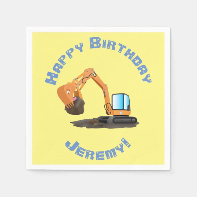 Cute orange excavator digger cartoon napkin (Front)
