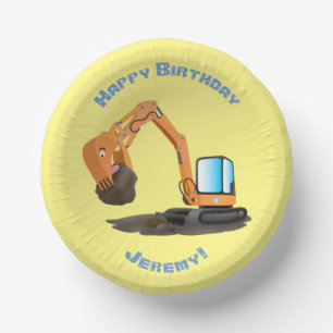 Cute orange excavator digger cartoon paper plates
