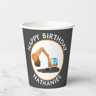 Cute orange excavator digger cartoon personalised paper cups
