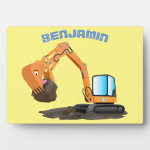 Cute orange excavator digger cartoon plaque