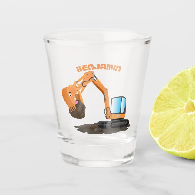 Cute orange excavator digger cartoon  shot glass (Front)