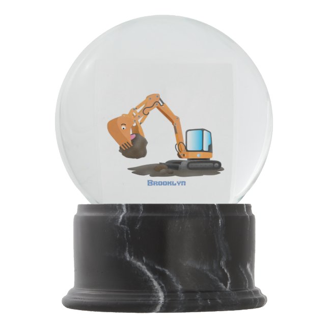 Cute orange excavator digger cartoon snow globe (Front)
