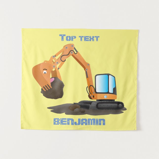 Cute orange excavator digger cartoon tapestry (Front (Horizontal))