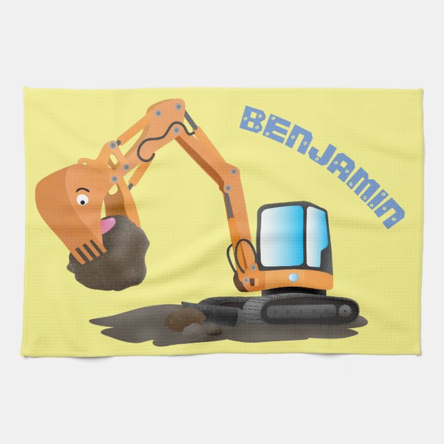 Cute orange excavator digger cartoon tea towel (Horizontal)