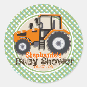 Cute Orange Farm Tractor; Green Plaid Baby Shower Classic Round Sticker