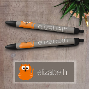 Cute Orange Fat Cat with Taupe Personalised Black Ink Pen