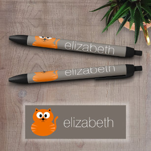 Cute Orange Fat Cat with Taupe Personalised Black Ink Pen