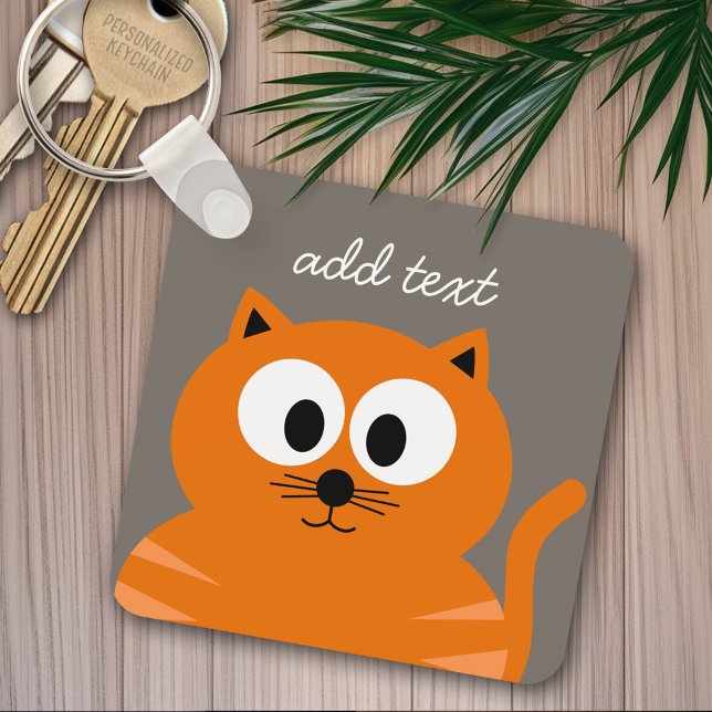 Cute Orange Fat Cat with Taupe Personalised Key Ring (Personalized keychain - add name)