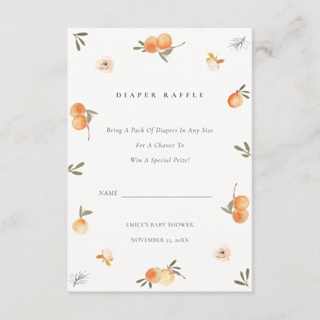 Cute Orange Floral Boho Diaper Raffle Baby Shower Enclosure Card (Front)