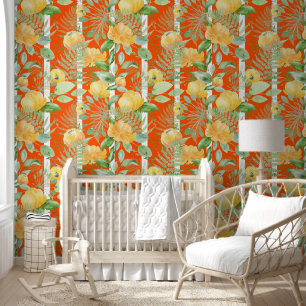 Cute Orange Floral Botanical Stripes Pattern Wallpaper