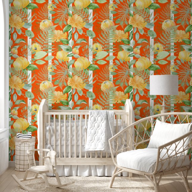 Cute Orange Floral Botanical Stripes Pattern Wallpaper (Kids)