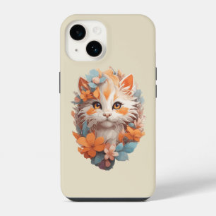 Cute Orange Floral Kitty Cat iPhone 14 Case