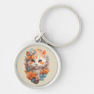 Cute Orange Floral Kitty Cat Key Ring