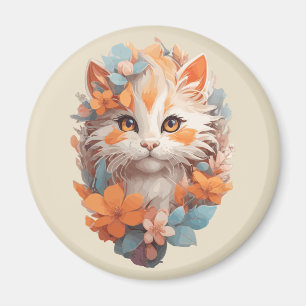 Cute Orange Floral Kitty Cat Magnet