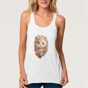 Cute Orange Floral Kitty Cat Singlet