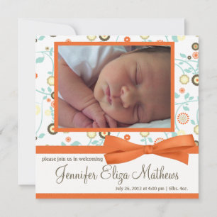 Cute Orange Flower Pattern Baby Girl Announcement