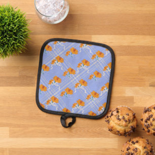 Cute Orange Flower Seamless on Plaid Blue Pot Holder