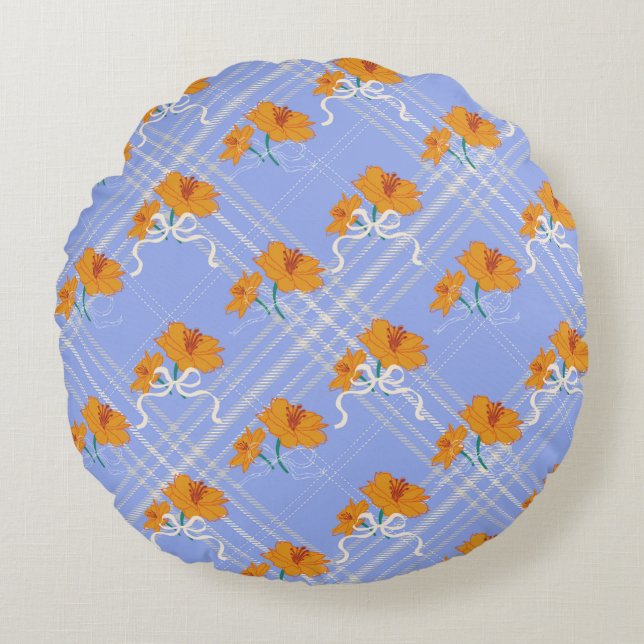Cute Orange Flower Seamless on Plaid Blue Round Cushion (Front)