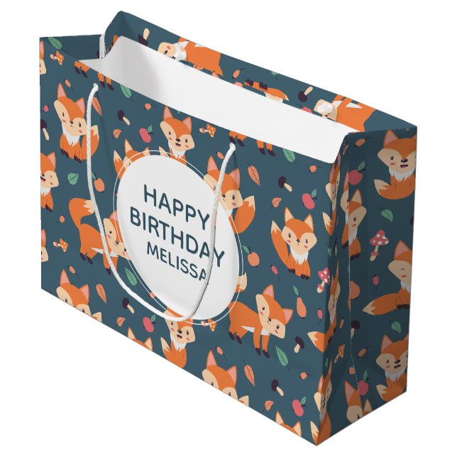 Cute Orange Fox Animal Pattern Birthday Large Gift Bag (Front Angled)