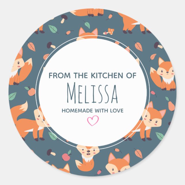 Cute Orange Fox Animal Pattern Kitchen Classic Round Sticker (Front)
