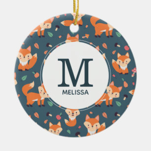 Cute Orange Fox Animal Pattern Monogram Ceramic Tree Decoration