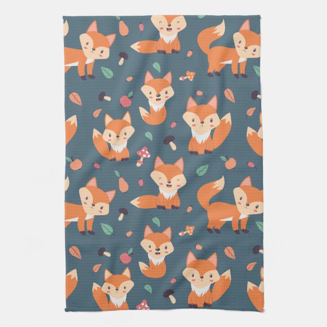 Cute Orange Fox Animal Pattern Tea Towel (Vertical)