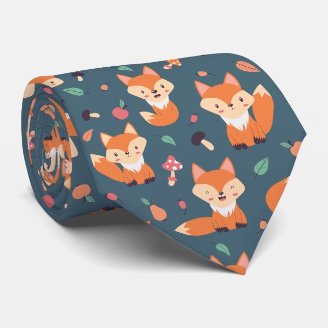 Cute Orange Fox Animal Pattern Tie (Rolled)