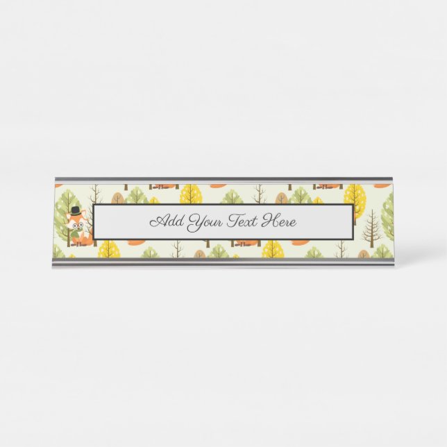 Cute Orange Fox Autumn Trees Forest Hipster Desk Name Plate (Front)