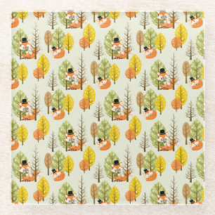 Cute Orange Fox Autumn Trees Forest Hipster Glass Coaster