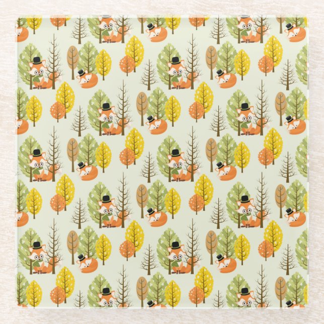 Cute Orange Fox Autumn Trees Forest Hipster Glass Coaster (Front)