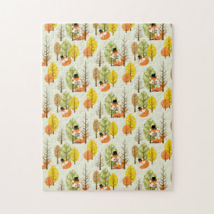 Cute Orange Fox Autumn Trees Forest Hipster Jigsaw Puzzle