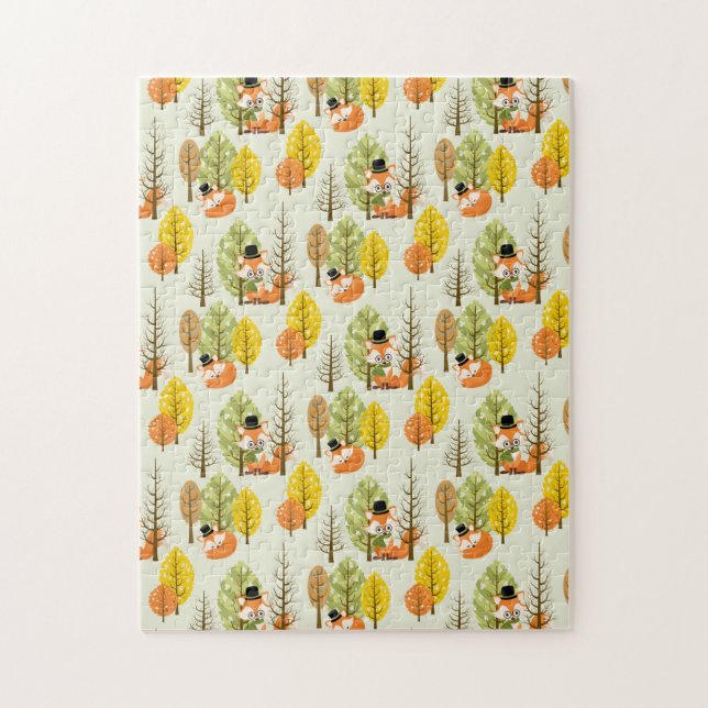 Cute Orange Fox Autumn Trees Forest Hipster Jigsaw Puzzle (Vertical)
