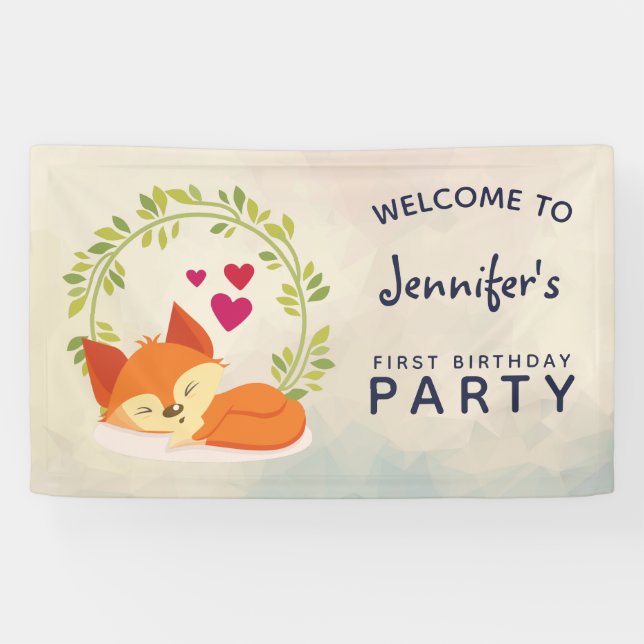 Cute Orange Fox, Red Hearts and a Green Wreath Banner (Horizontal)