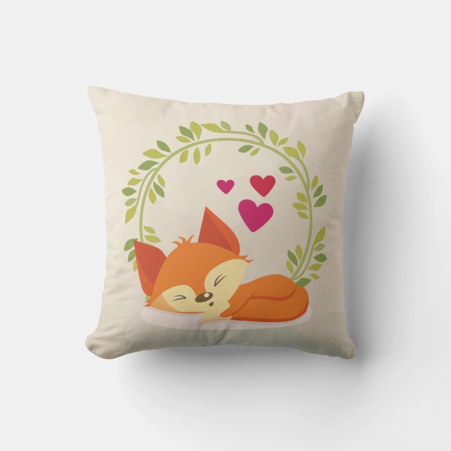 Cute Orange Fox, Red Hearts and a Green Wreath Cushion (Front)