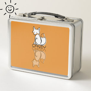 Cute Orange Fox Reflection Doodle Custom Name Metal Lunch Box