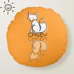 Cute Orange Fox Reflection Doodle Custom Name Round Cushion