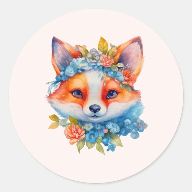 Cute Orange Fox with Floral Crown Classic Round Sticker (Front)