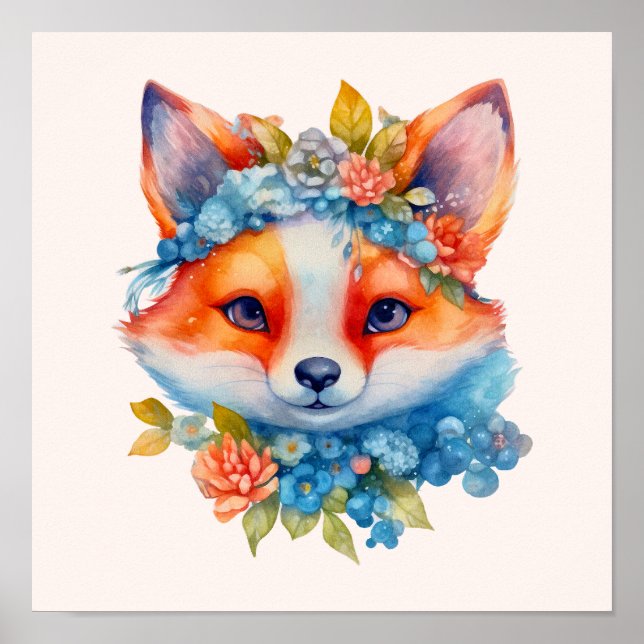 Cute Orange Fox with Floral Crown Poster (Front)