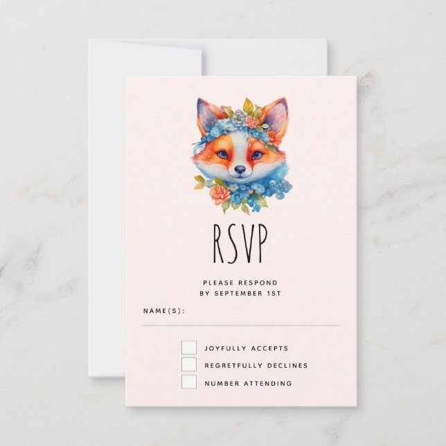 Cute Orange Fox with Floral Crown RSVP Card (Front)
