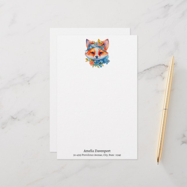 Cute Orange Fox with Floral Crown Stationery (Front/Back In Situ)