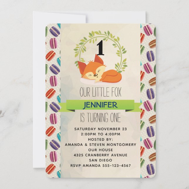 Cute Orange Fox with Green Wreath Birthday Invitation (Front)