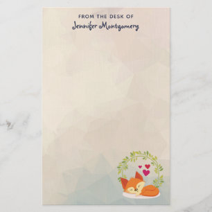 Cute Orange Fox with Hearts and a Green Wreath Stationery