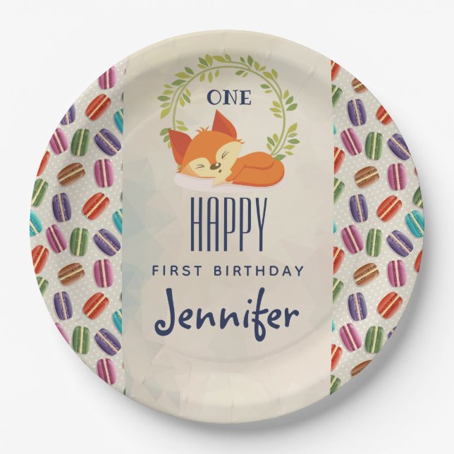 Cute Orange Fox with Wreath Birthday Paper Plate (Front)