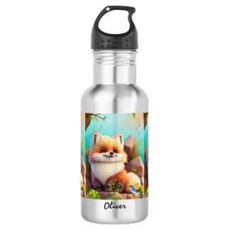 Cute orange fox Woodlands Floral Personalised 532 Ml Water Bottle