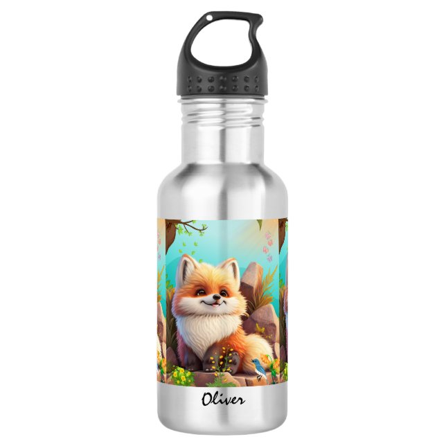 Cute orange fox Woodlands Floral Personalised  532 Ml Water Bottle (Front)