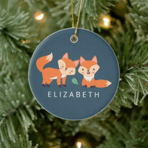 Cute Orange Foxes Graphic Illustration Ceramic Tree Decoration